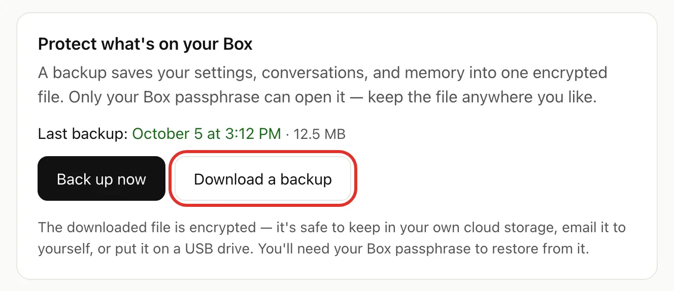 The Protect what's on your Box card, with Download a backup circled