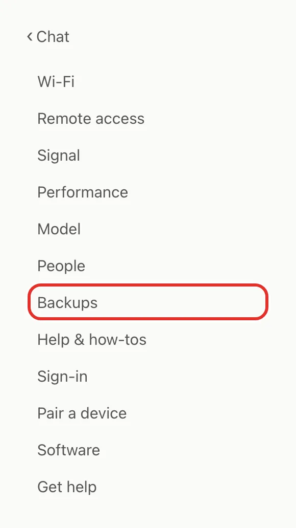 The Settings sections list, with Backups circled