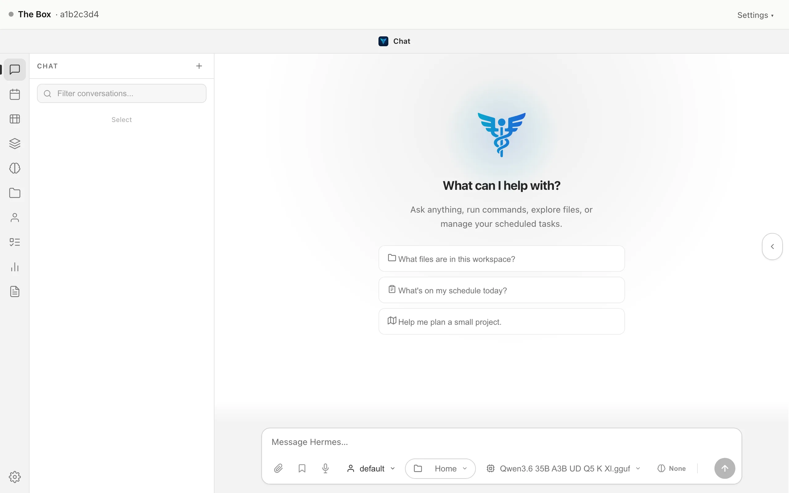 The chat screen at box.local, with the conversation list on the left and the message box at the bottom