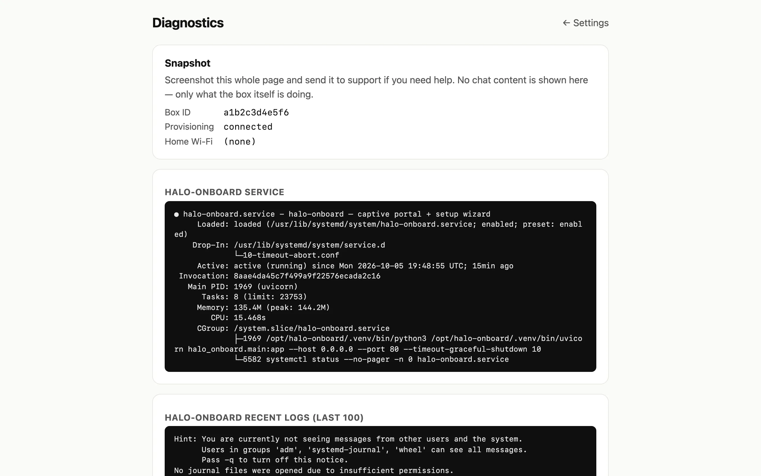 The top of the Diagnostics page, with the Snapshot card showing Box ID, Provisioning and Home Wi-Fi