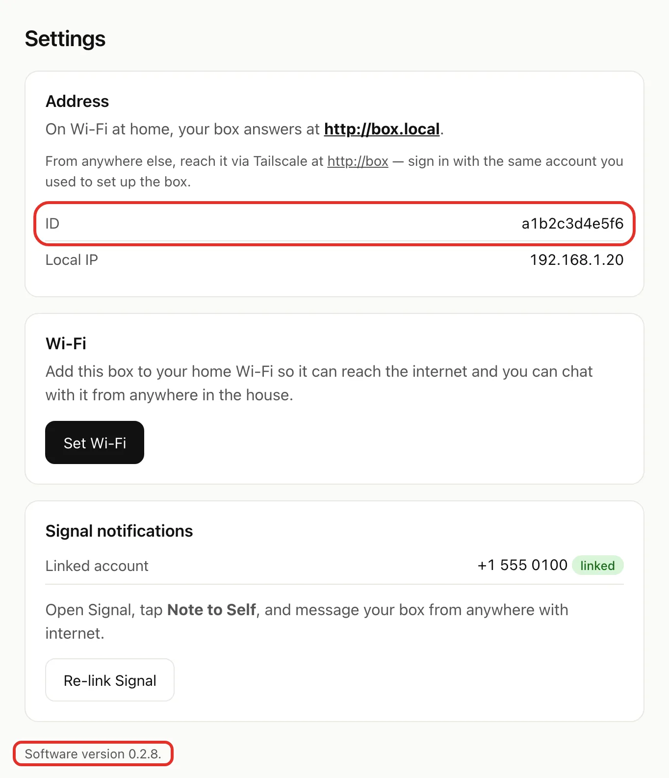The Settings page, with the ID row in the Address card and the Software version line at the bottom circled