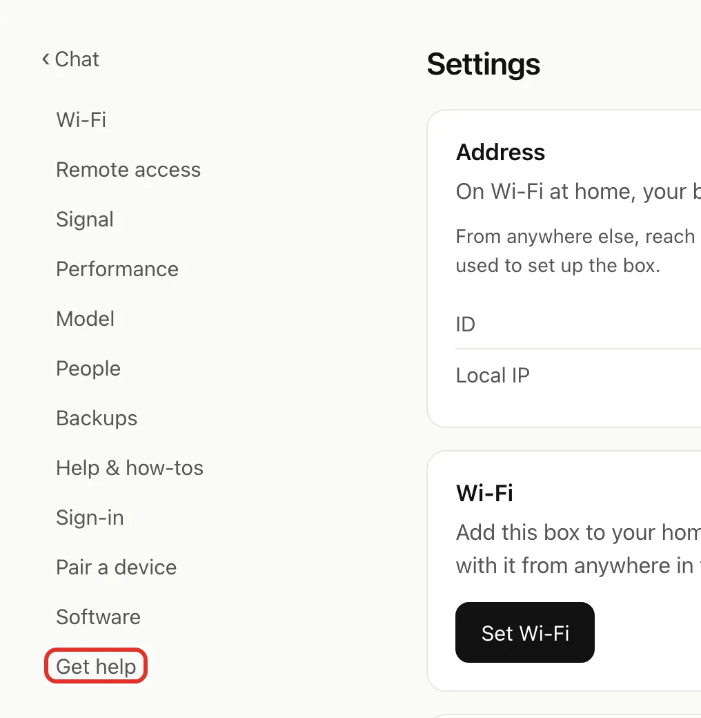 The Settings list on box.local, with Get help circled