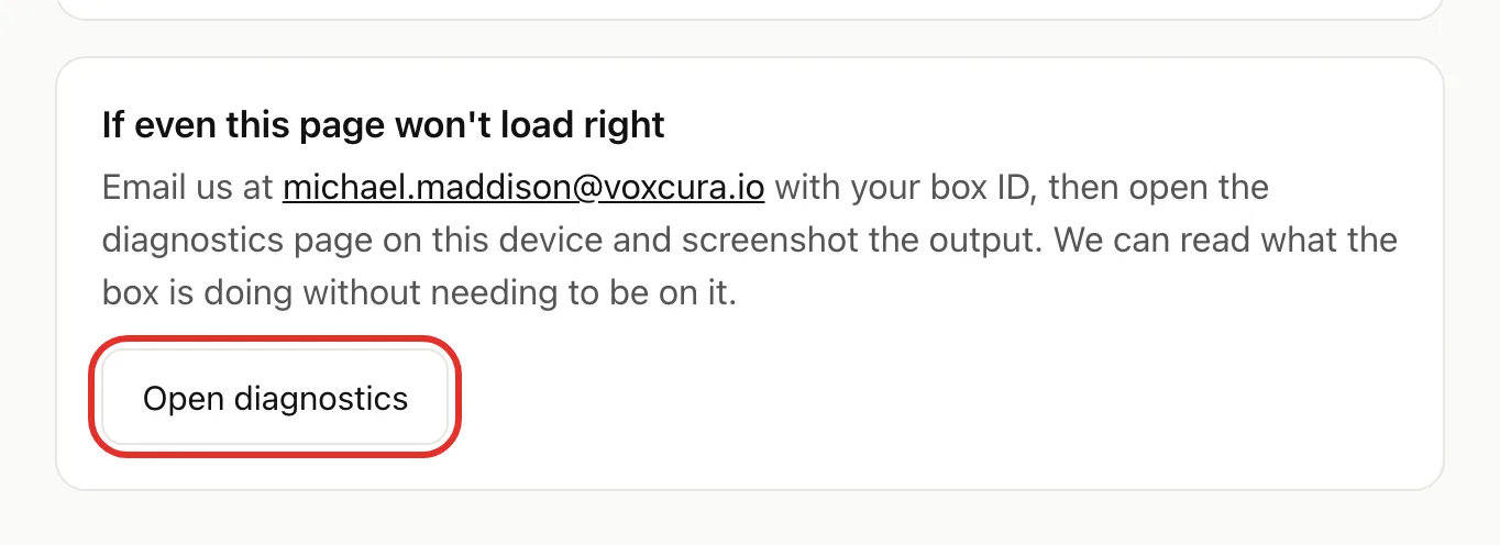 The If even this page won't load right card on the Get help page, with the Open diagnostics button circled