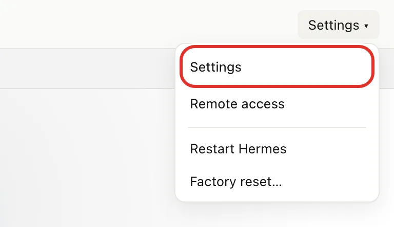 The Settings menu open at the top right of the chat page, with the Settings item circled