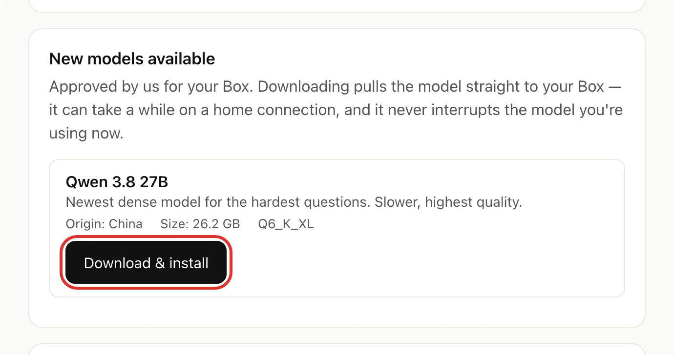 The New models available section showing Qwen 3.8 27B, Origin: China, Size: 26.2 GB, with Download & install circled