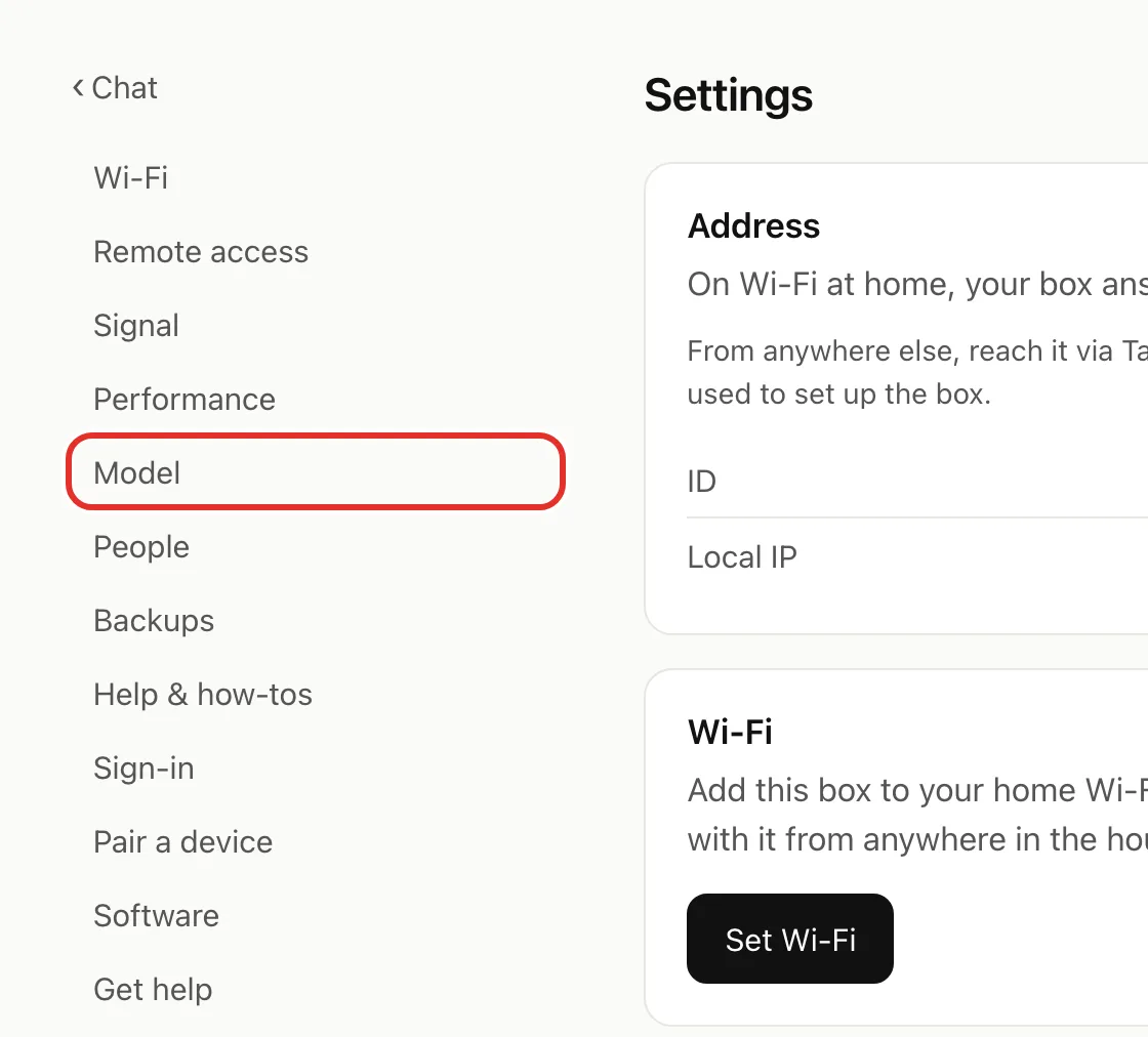 The Settings page, with Model circled in the list on the left
