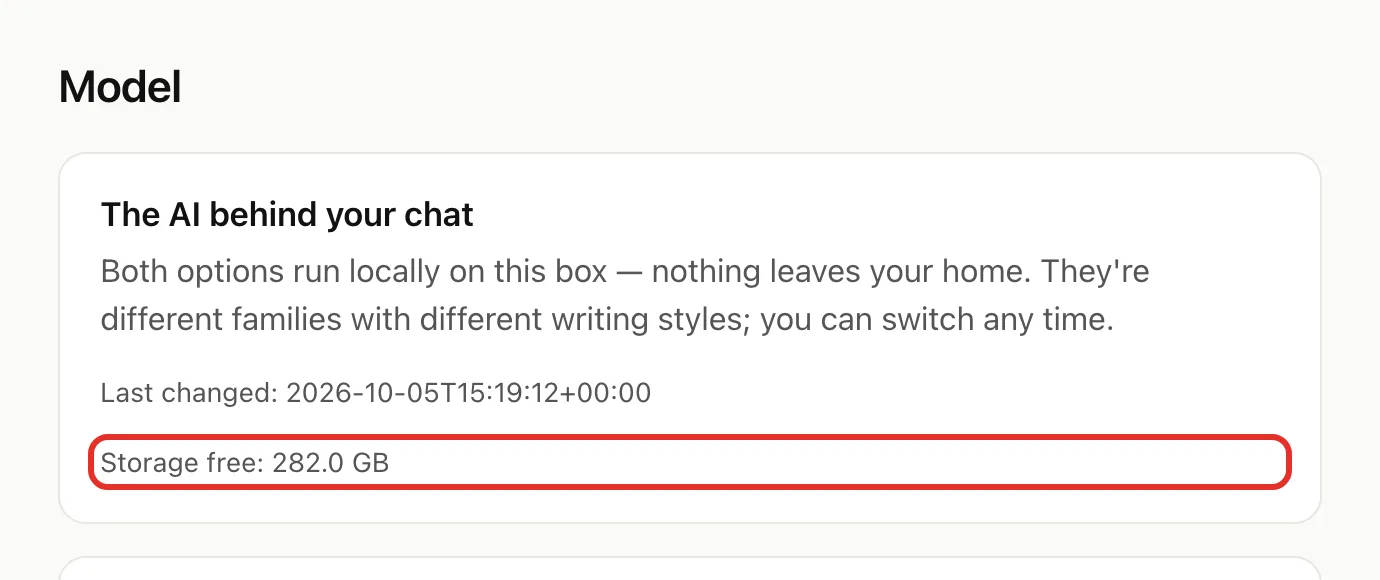 The top of the Model page, with Storage free: 282.0 GB circled