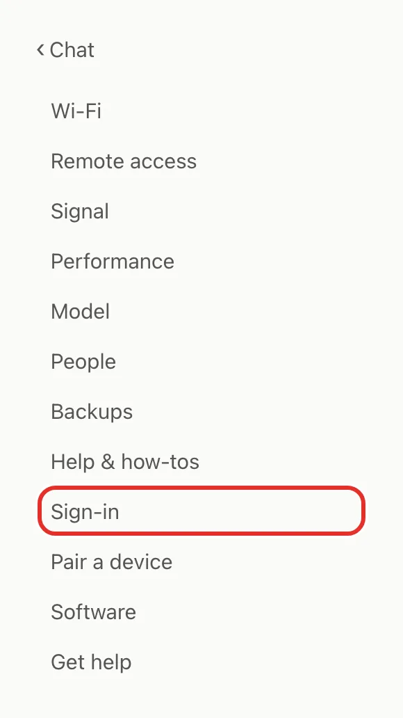 The settings list on box.local, with Sign-in circled