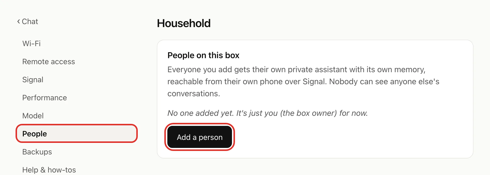 The People page, headed Household, with People circled in the left list and the Add a person button circled