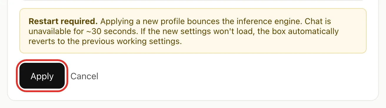 The Restart required notice above the Apply and Cancel buttons, with Apply circled