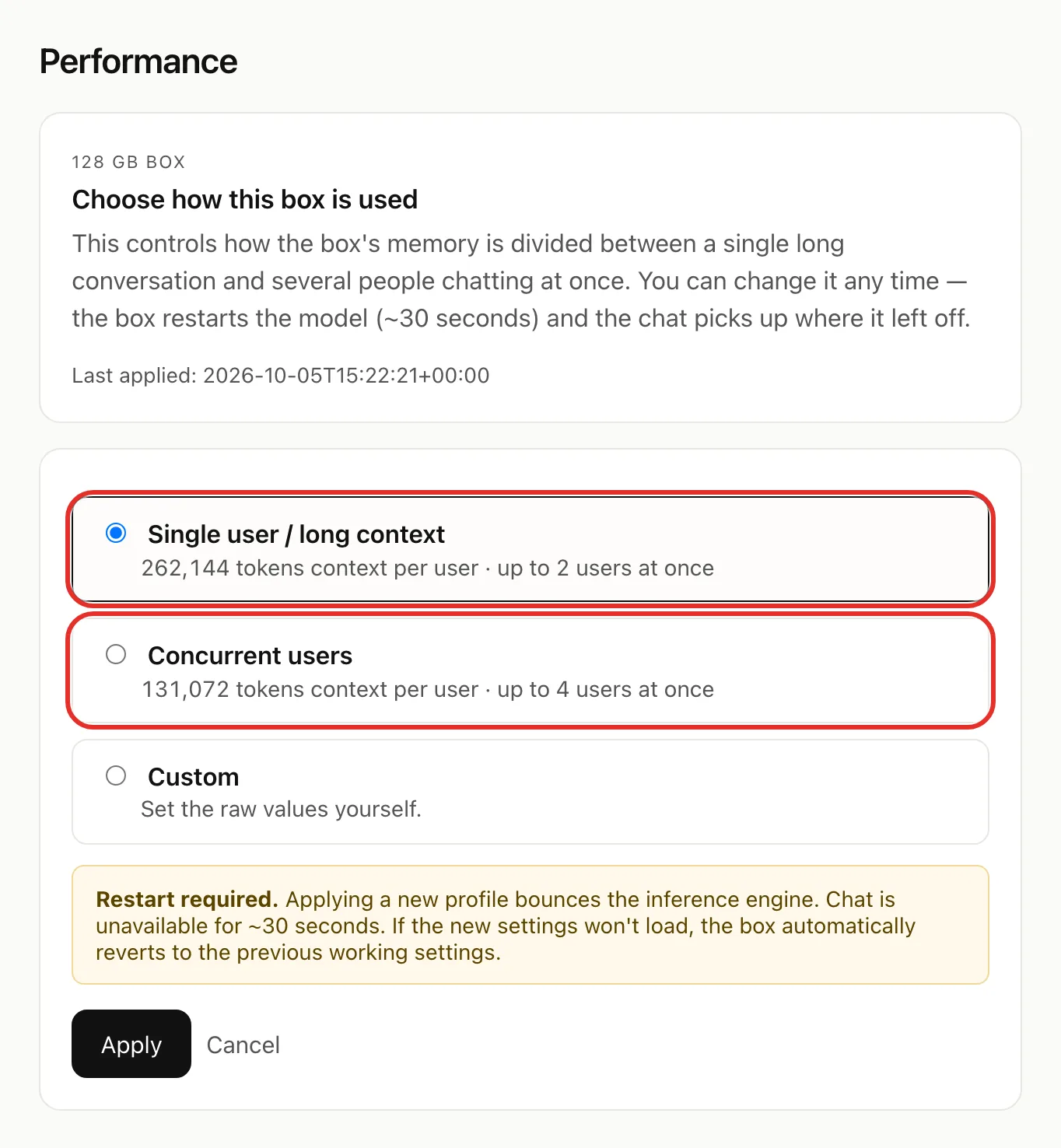 The Performance page for a 128 GB box, with the Single user / long context and Concurrent users choices circled