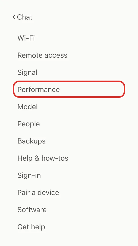 The Settings section list, with Performance circled