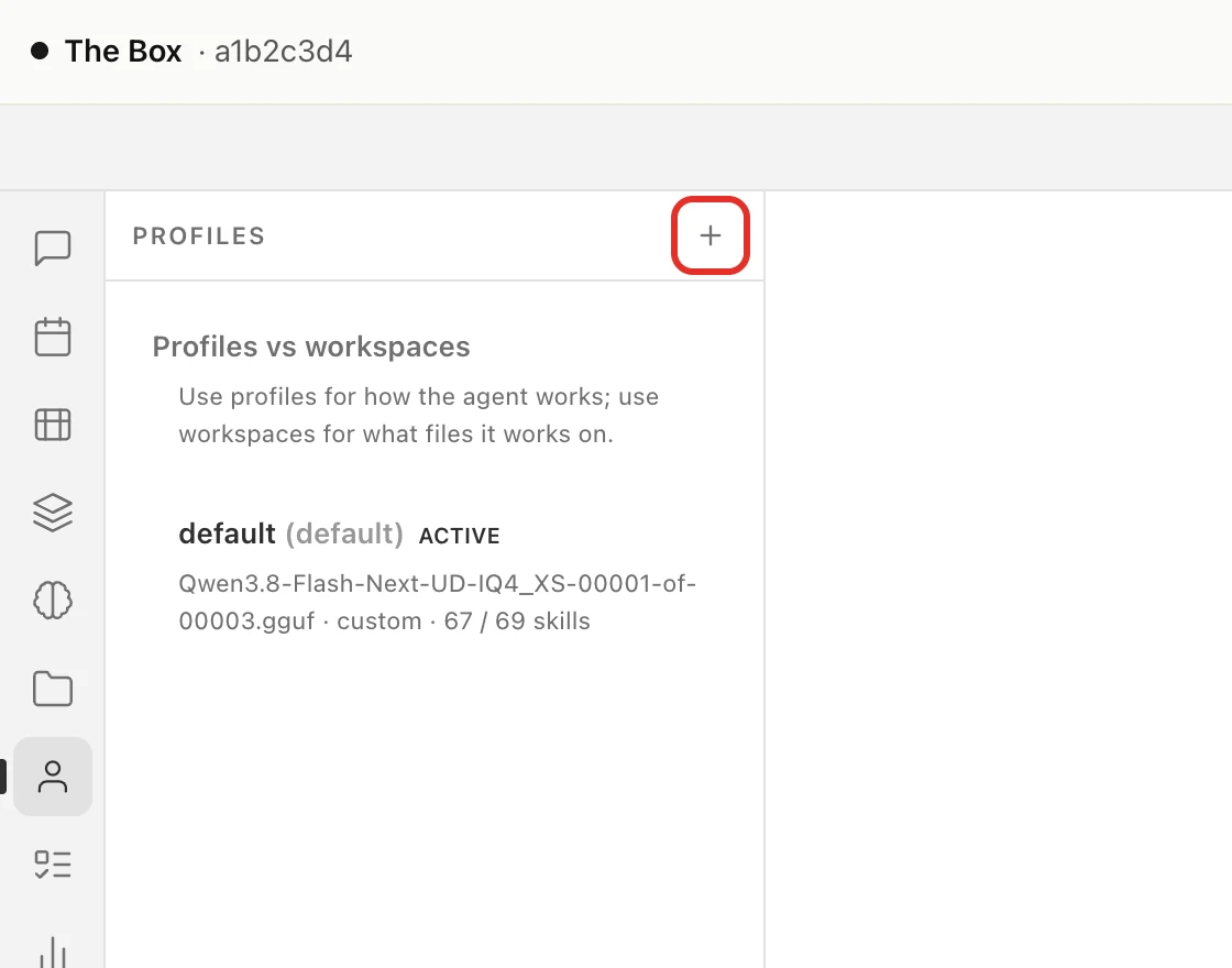 The Profiles list with only default in it, and the + button circled