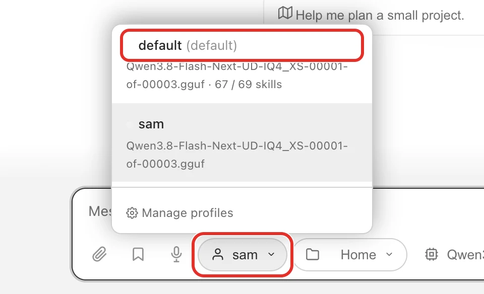 The profile menu open, with the button showing sam and the default profile circled
