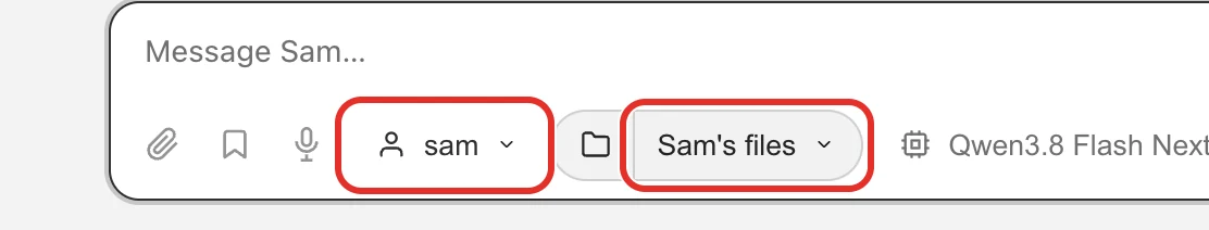 The message box with the profile button showing sam and the folder button showing Sam's files, both circled