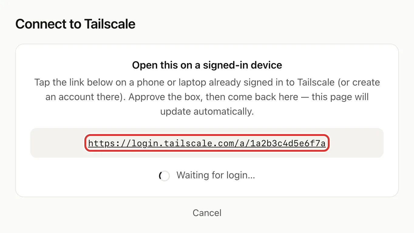 The Connect to Tailscale page with the login link circled, above "Waiting for login…" and a Cancel link
