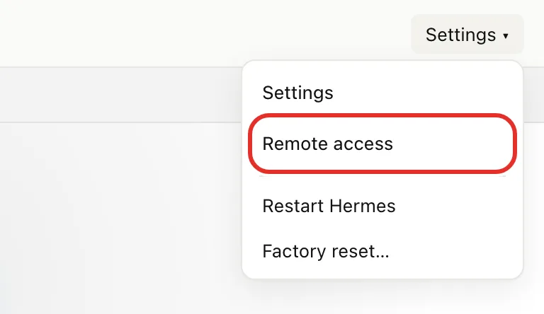 The Settings menu open at the top right of the chat page, with Remote access circled