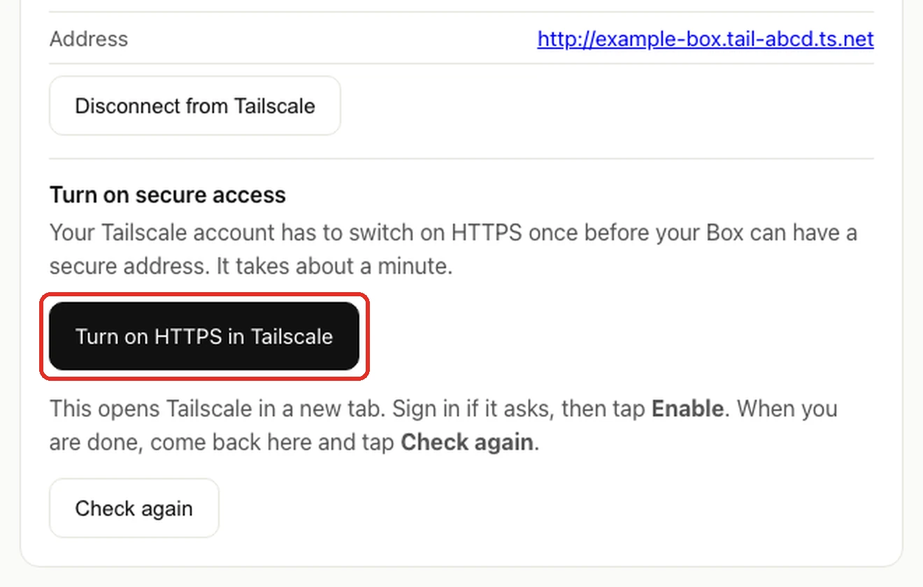 The Remote access page's Turn on secure access section, with the Turn on HTTPS in Tailscale button circled above Check again