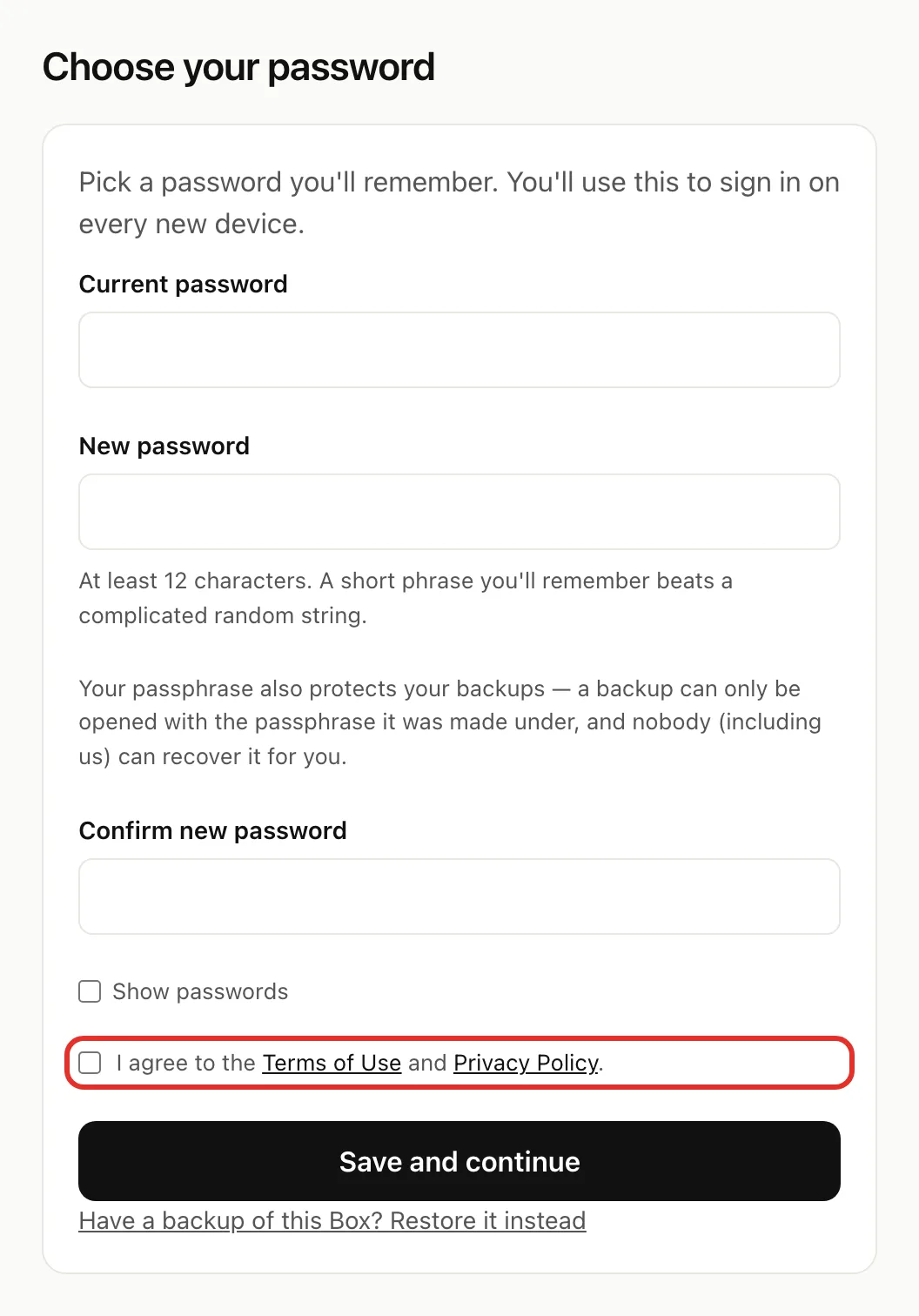 The Choose your password page; the I agree to the Terms of Use and Privacy Policy checkbox is circled