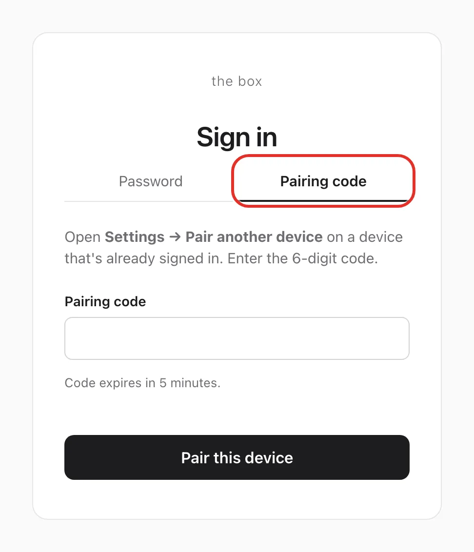 The Sign in page with the Pairing code tab circled, showing the Pairing code field and the Pair this device button