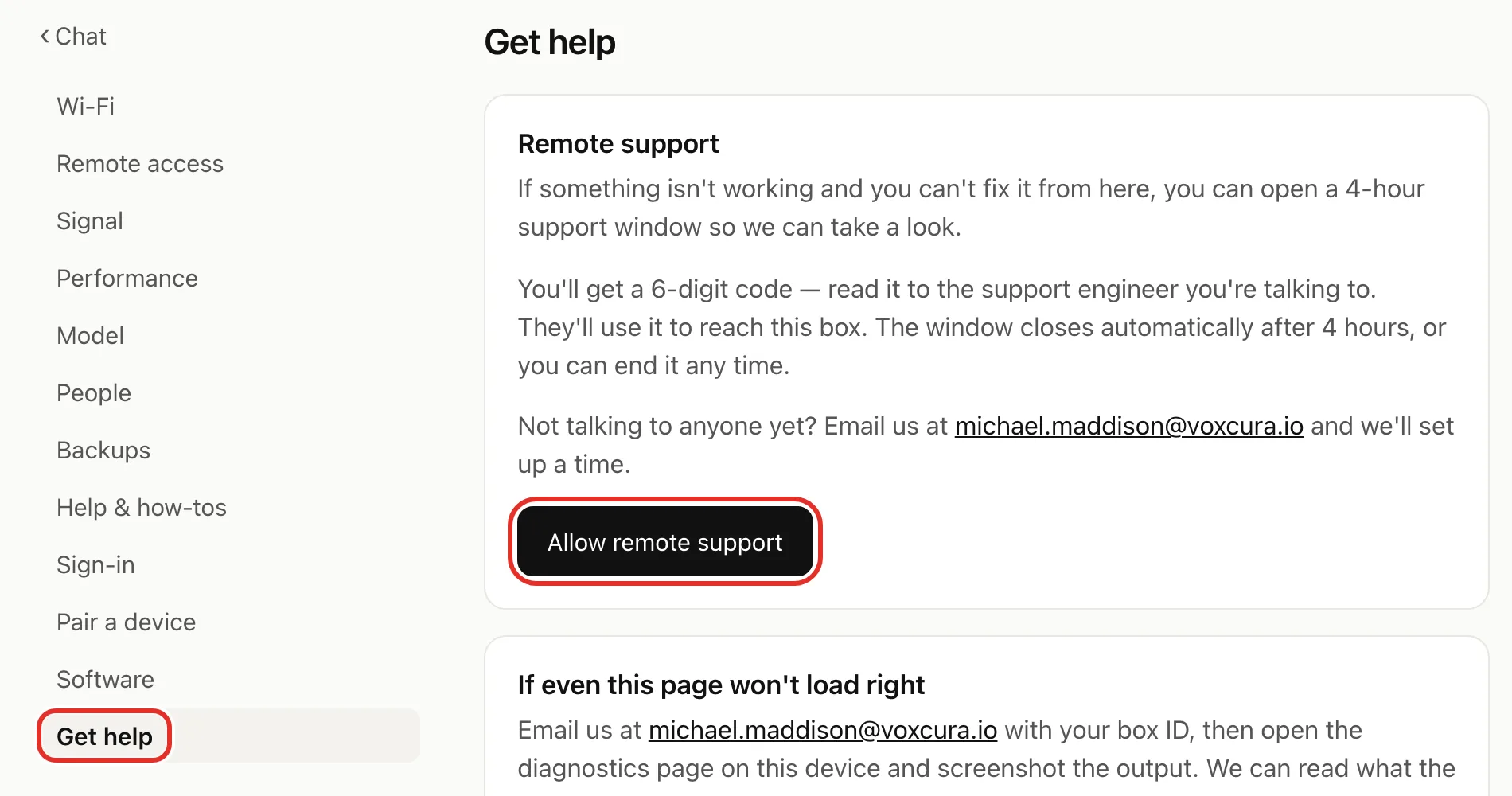 The Get help page on box.local, with Get help in the side menu and the Allow remote support button circled