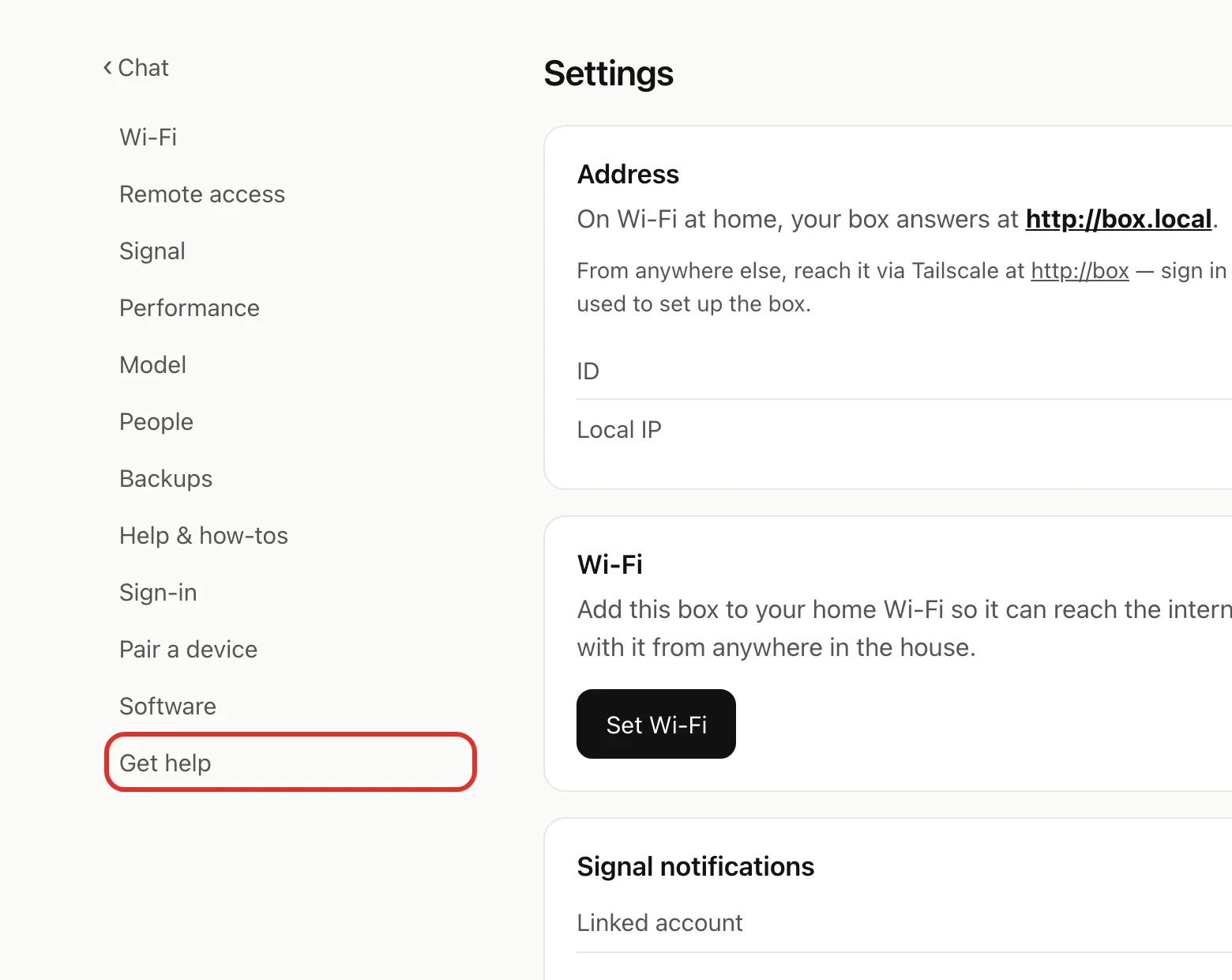 The Settings list with Get help circled