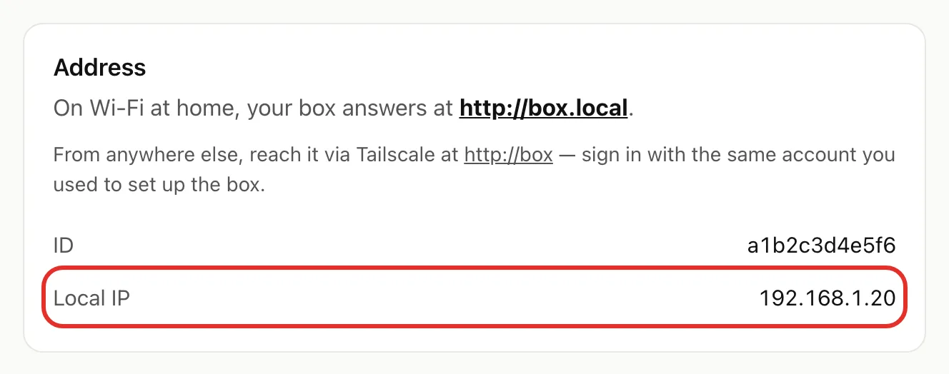 The Address card on the Settings page, with the Local IP row circled