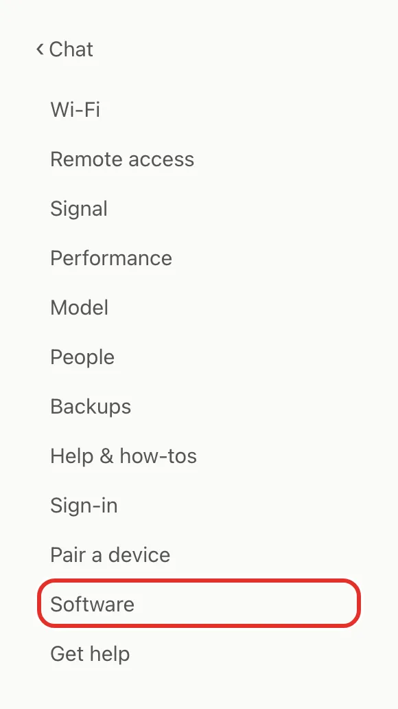 The Settings menu on the left, with Software circled near the bottom