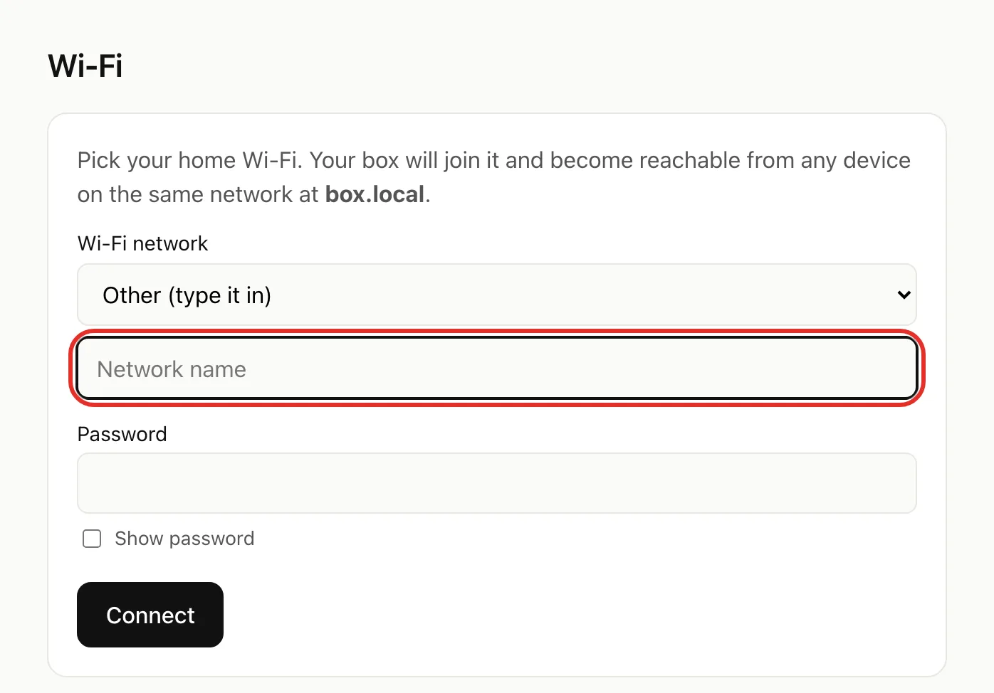 The Wi-Fi page with Other (type it in) picked and the Network name field circled