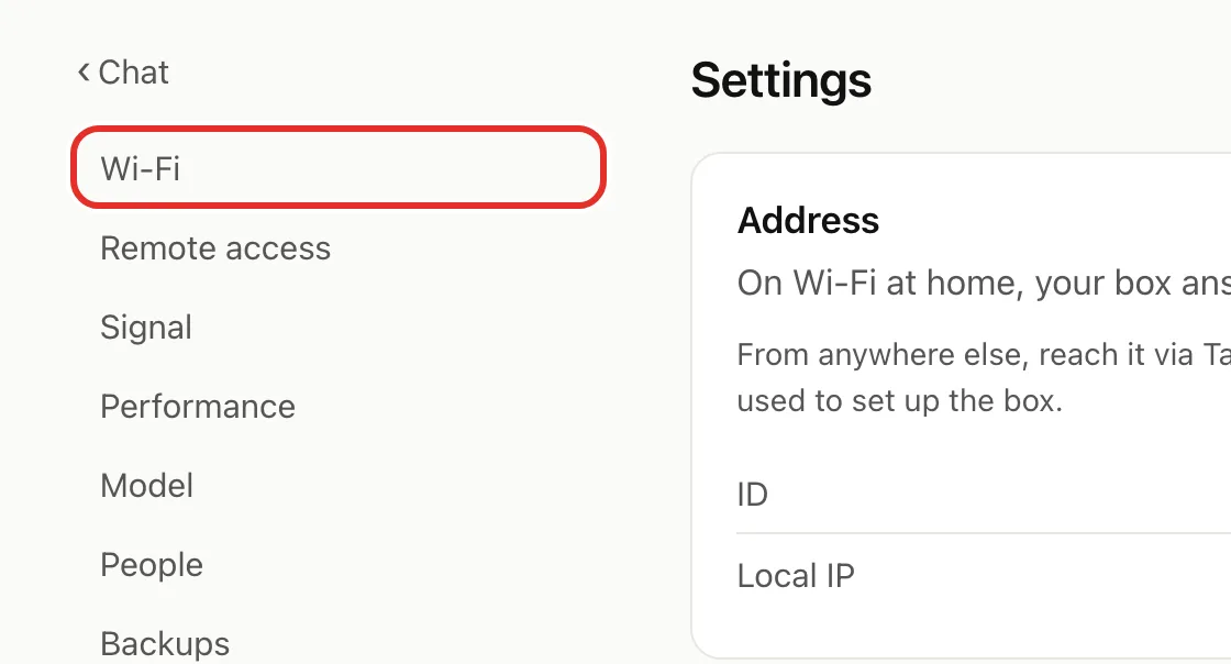 The Settings page, with Wi-Fi circled at the top of the left menu